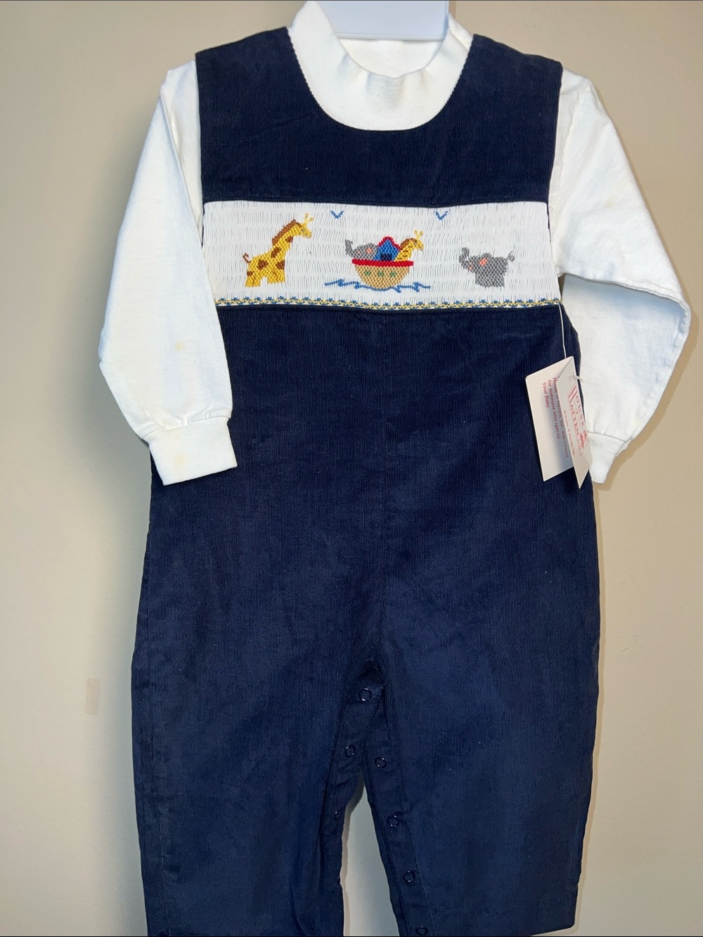 Vintage Hand-Smocked Navy Boys' long Jon Romper set with Noah Ark Animal Motif